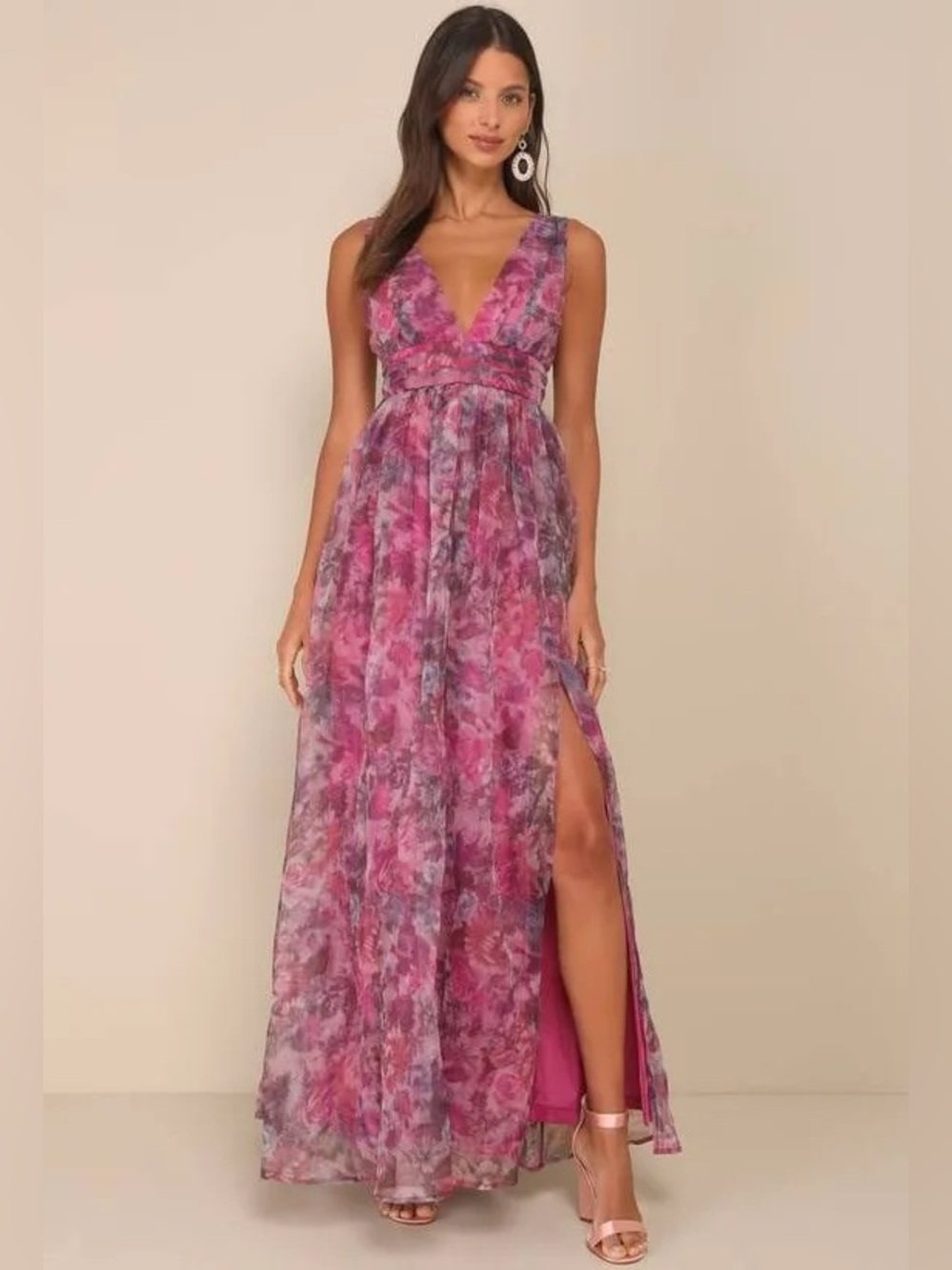 Lulu’s garden romance magenta floral print organza maxi dress
